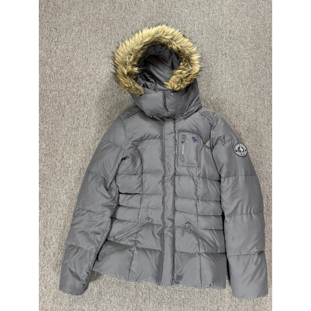 Abercrombie Fitch Jacket Womens Large Gray Down Puffer Hooded Faux‎ Fur Parka